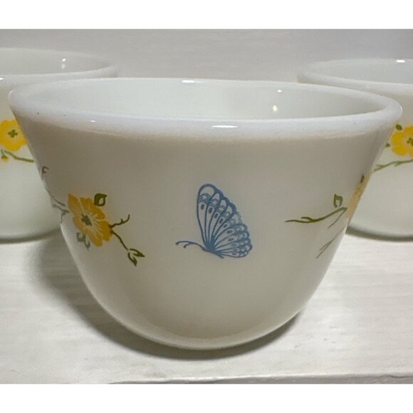 Set Of 3 Vintage Pyrex Coffee Tea Cups Yellow & Blue Floral Butterfly Design - Picture 4 of 12